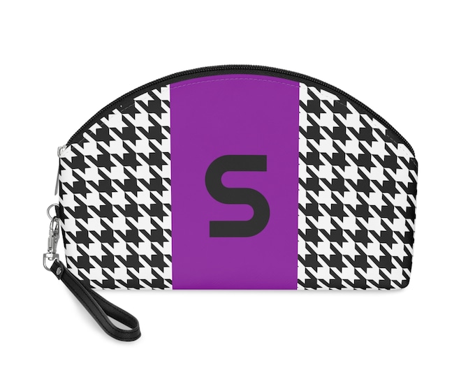 Purple, Black, and White Houndstooth patterned Makeup Bag, Personalized with Initial S, Her Makeup bag, Initialized