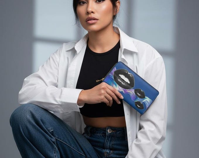 Black Lip Print with Colorful Wave Zipper Wallet | Cosmetic Clutch