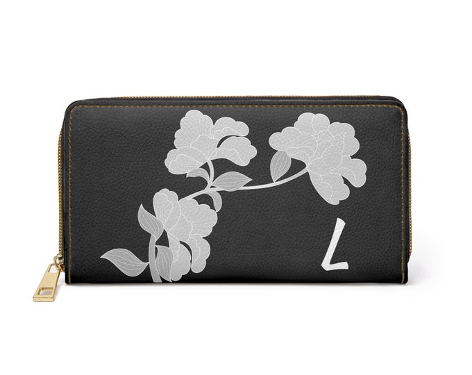 Black and White Womens Floral Wallet, Personalized with Initial L, Zippered