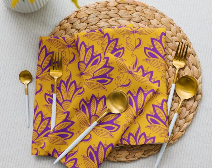Golden Yellow & Purple Succulent Pattern Dinner Napkins – 4-Pack Cloth Napkin Set | Reusable Fabric Table Decor | Eco-Friendly Party Napkins