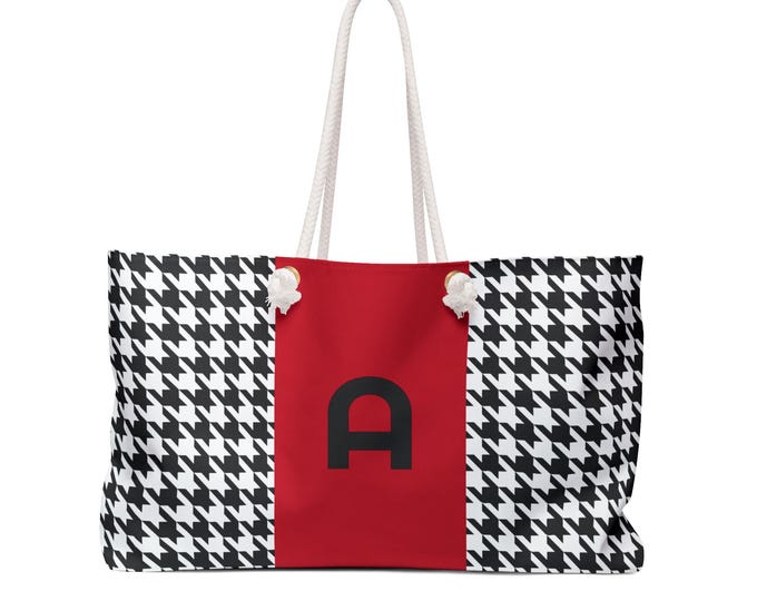 Houndstooth Black and White with Red and Black A Initialized Detail Womens Weekender Tote Bag