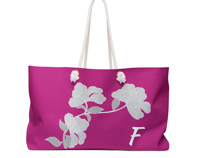 Magenta and White Womens Floral Tote, Personalized with your Initial, Bag, Initial F, Weekender Bag