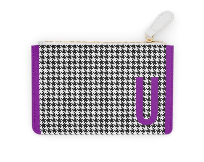 Houndstooth Purple Detail Initialized, U Initial, Personalized Mini Clutch Bag, Womens Zippered Card Holder
