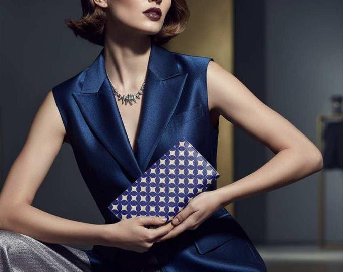 Luxury Napa Leather Travel Wallet – Navy & Champagne Geometric Design, Handmade to Order, Premium Leather Passport Wallet