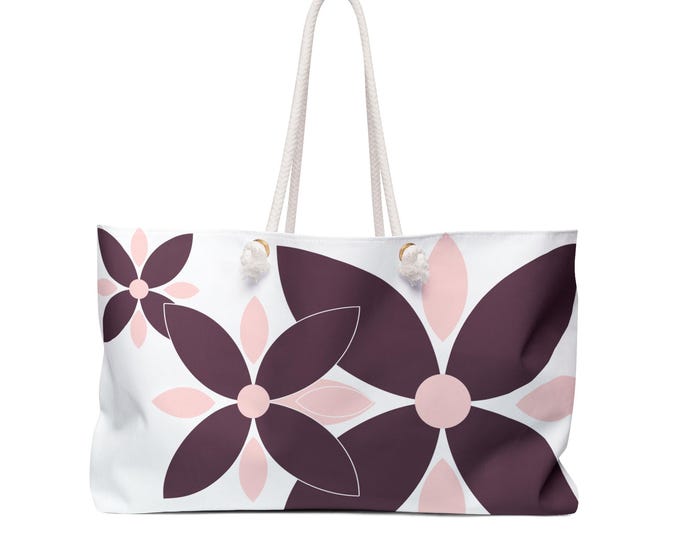 Blush and Plum Floral Weekender Bag | Large Flower White Tote