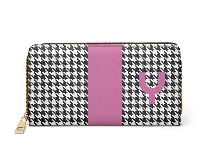 Houndstooth Black and White with Pink Y Initialized Detail Womens Zippered Wallet, Personalized Wallet, Initialized, Womens Wallet