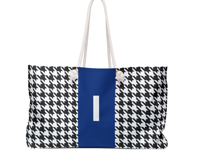 Houndstooth Black and White with Blue and Black I Initialized Detail Womens Weekender Tote Bag, Womens Bag, Womens Handbag