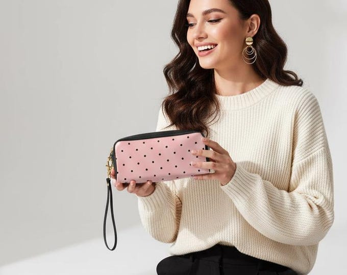 Minimalist Rectangular Leather Makeup Bag – Black Polka Dots in Featherlight Pink, Compact Travel & Daily Organizer