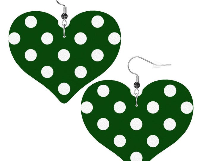 White Polka Dot Emerald Green Heart Shape Leather Earrings