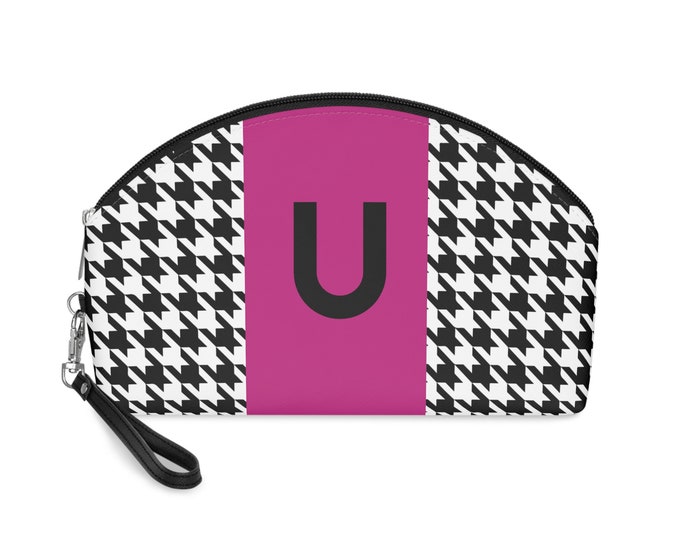 Magenta, Black, and White Houndstooth patterned Makeup Bag, Personalized with Initial U, Her Makeup bag, Initialized