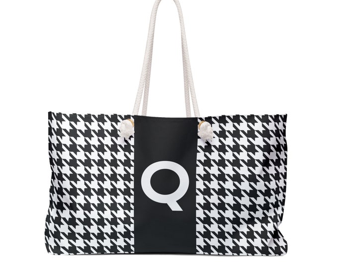 Black, and White with Black Q Bag, Initialized Detail Womens Weekender Tote Bag, Personalized Bag, Initialized Handbag