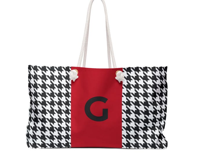 Houndstooth Black and White with Red and Black G Initialized Detail Womens Weekender Tote Bag