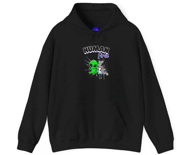 Human First Alien and Cat Unity Hoodie Black or White Unisex Heavy Blend™ Sweatshirt