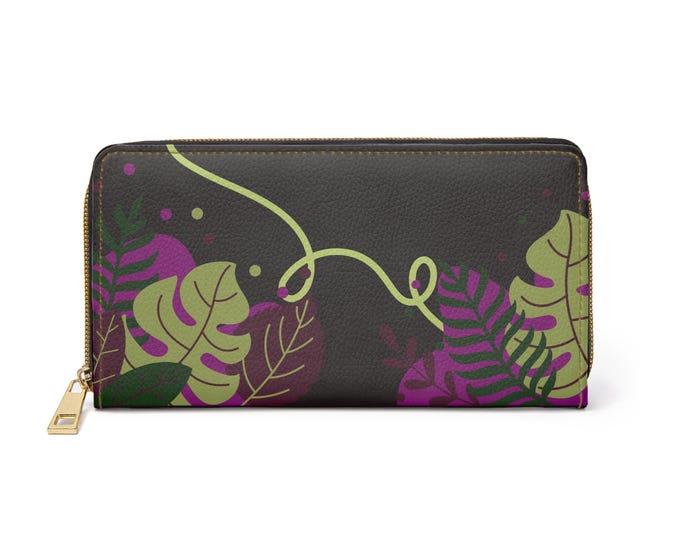 Tropical Leaves zipper wallet | Monstera vine print, blackpurple and green foliage