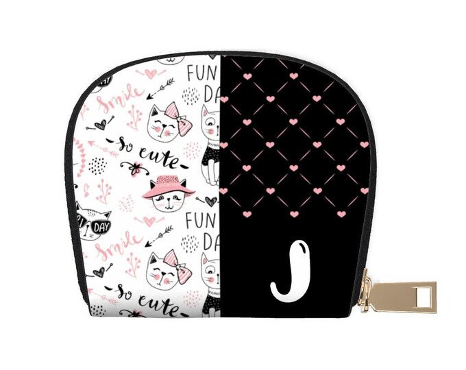 Cute Cats Wallet – Pink, Black & White | Personalized Initial J | Leather Semicircle Card Holder | Women’s Mini Wallet