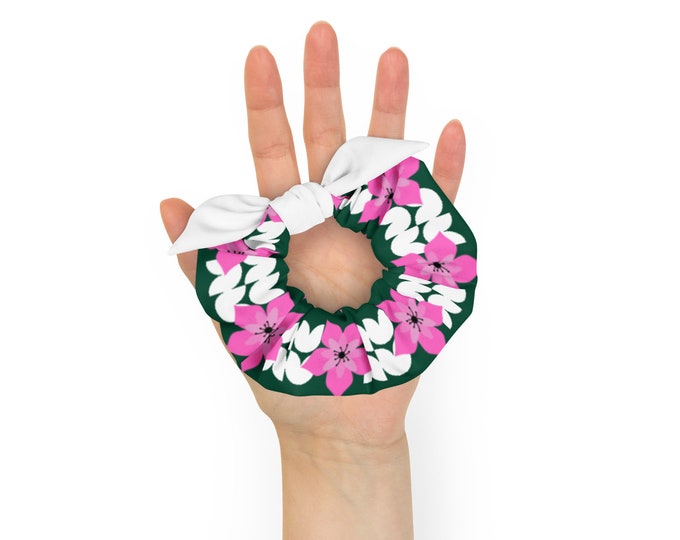 Pink Floral & White Geometric Scrunchie – Dark Green Hair Tie with Removable Bow | Soft Stretchy Fabric | Sustainable Hair Accessory