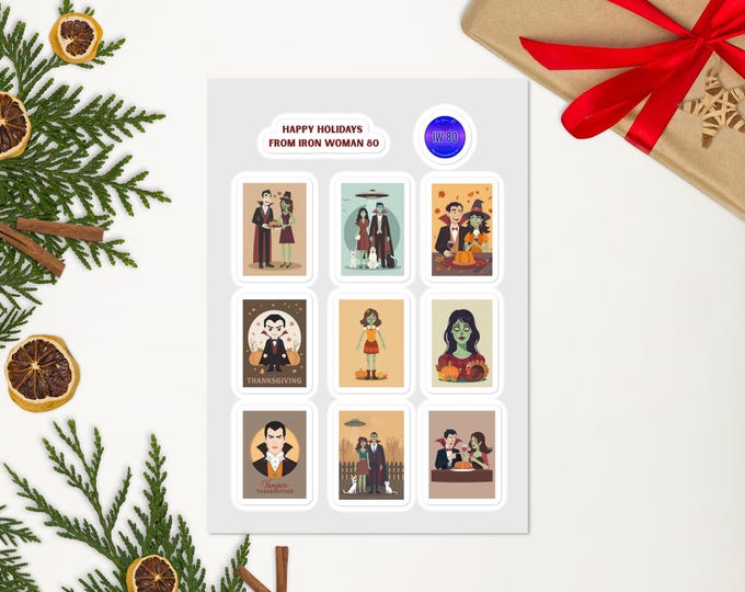 Turkey Day 2025 Style Sticker sheet, Zombie Woman, Vampire Man, UFO, Cat and Dog family