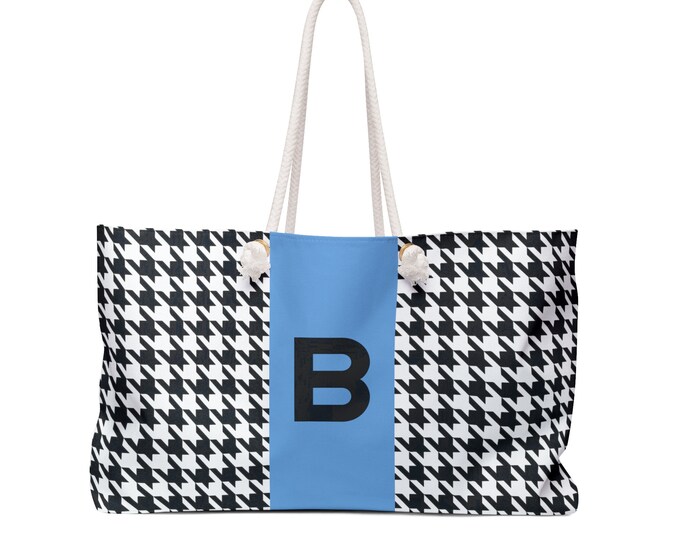 Houndstooth Black and White with Light Blue and Black B Initialized Detail Womens Weekender Tote Bag