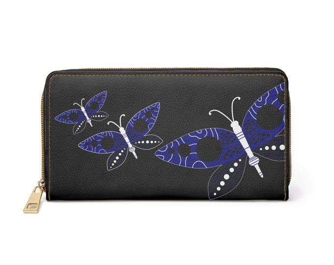 Blue Butterfly Pattern Zipper Wallet | Black Leather Look Wallet
