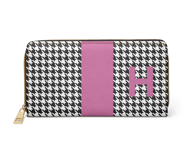 Houndstooth Black and White with Pink H Initialized Detail Womens Zippered Wallet, Personalized Wallet, Initialized, Womens Wallet