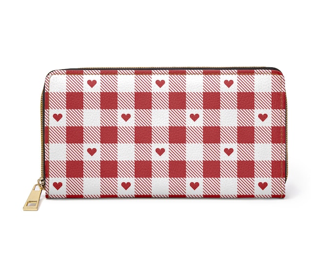 Scarlet Plaid Hearts Zipper Wallet | Plaid Heart Pattern Wallet