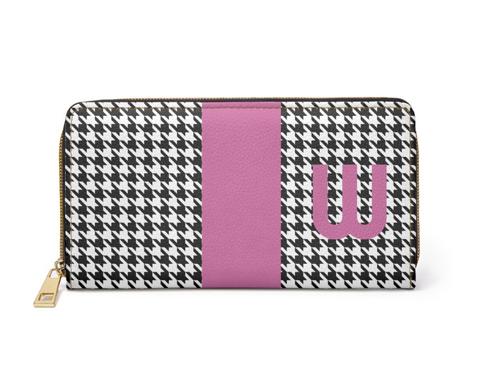 Houndstooth Black and White with Pink W Initialized Detail Womens Zippered Wallet, Personalized Wallet, Initialized, Womens Wallet