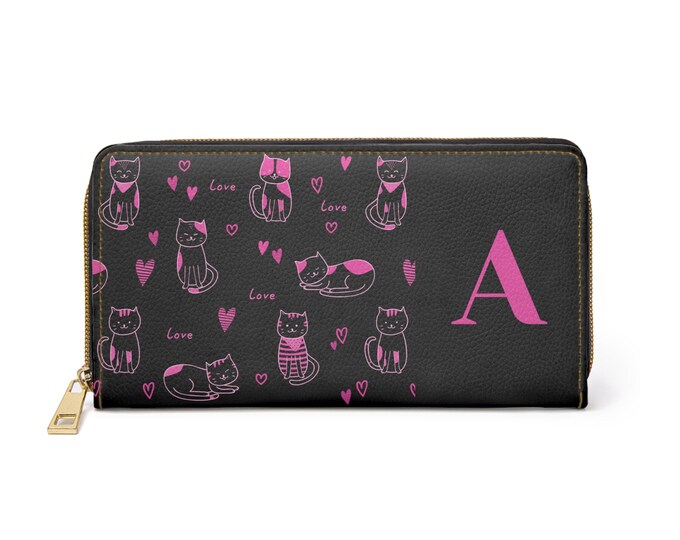 Pink Love Cats Black Zippered Wallet – Personalized with Initial A | Cruelty-Free Faux Leather | Gift for Her | Cute Cat Wallet for Women
