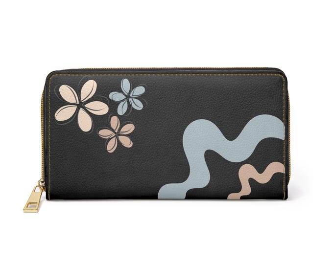 Abstract Floral Wave Zipper Wallet | Black Floral Zip Wallet