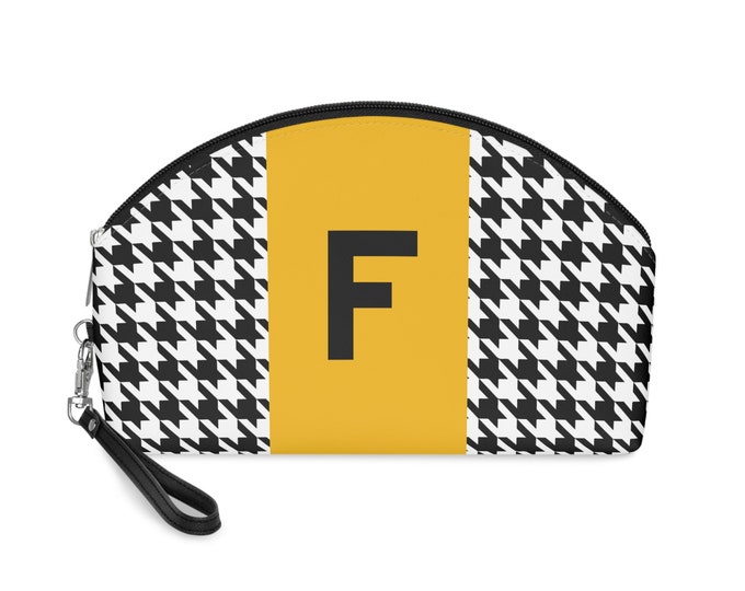 Marigold, Black, and White Houndstooth patterned Makeup Bag, Personalized with Initial F, Her Makeup bag, Initialized