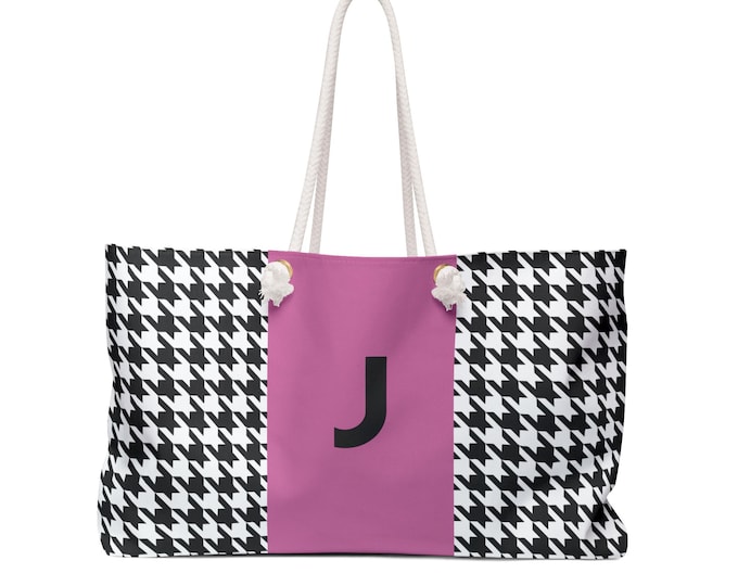 Custom Tote Bag | Houndstooth Pink, Black & White Personalized - J Initial