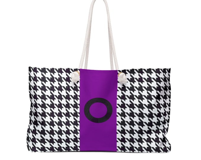 Houndstooth Black, White and Purple, with Black O Initialized Detail Womens Weekender Tote Bag, Personalized Bag, Initialized Handbag