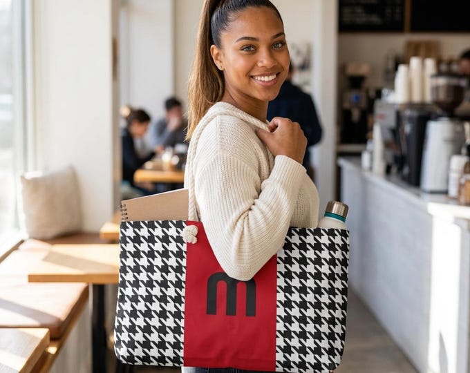 Houndstooth Black and White with Red and Black M Initialized Detail Womens Weekender Tote Bag
