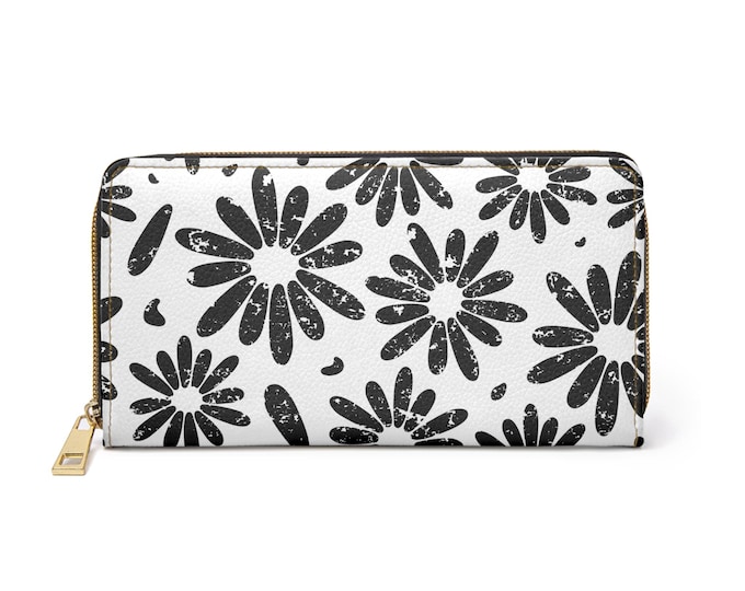 Black Daisy Pattern Zipper Wallet | Floral Monochrome Wallet