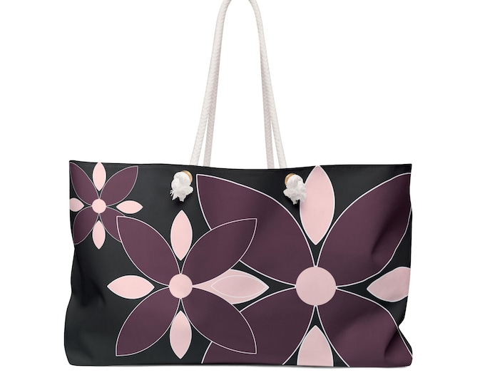 Plum Floral Graphic Weekender | Large Flower Black Tote Bag