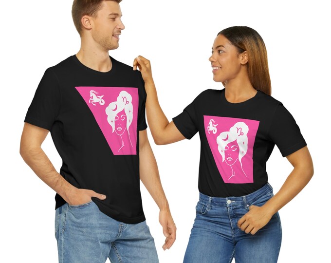 Black Tee, Pink Capricorn Astrological Sign Unisex Jersey Short Sleeve Tee