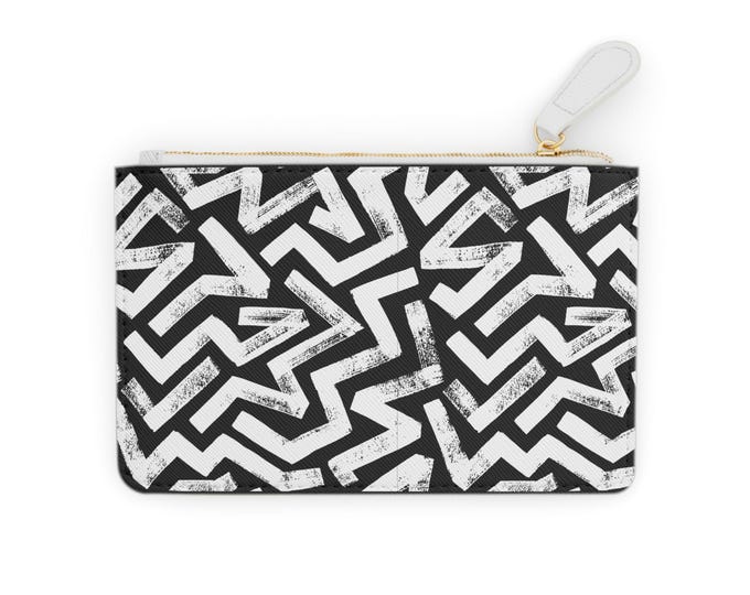 Black White Geometric Zigzag Pattern Mini Clutch Bag | Modern Abstract Pouch