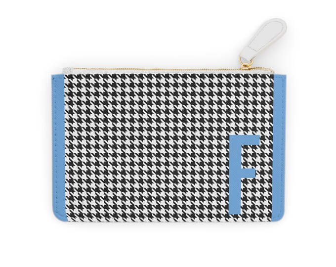 Mini Clutch Card Holder, Light Blue Initial with F Black and White Design, Personalized Card Holder