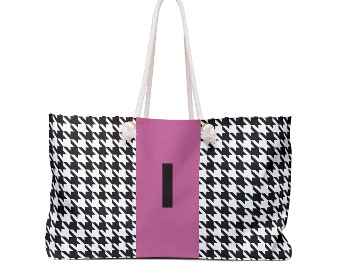 Houndstooth Black, White and Pink, with Black I Initialized Detail Womens Weekender Tote Bag, Personalized Bag, Initialized Handbag