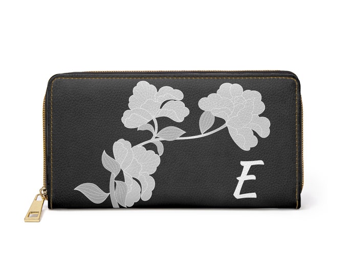Black and White Womens Floral Wallet, Personalized with your Initial, Zippered Wallet, Initial E