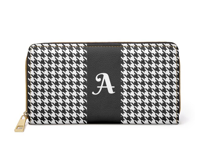 Houndstooth Black and White with White Initial A, Womens Zippered Wallet, Personalized Wallet, Womens Wallet