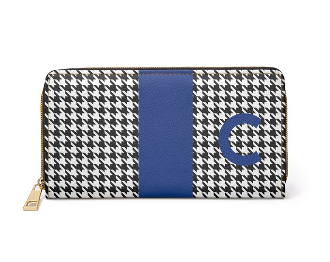 Houndstooth Black and White with Blue C Initialized Detail Womens Zippered Wallet
