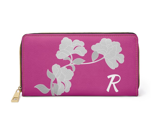 Magenta and White Womens Floral Wallet, Personalized with your Initial, Zippered Wallet, Initial R