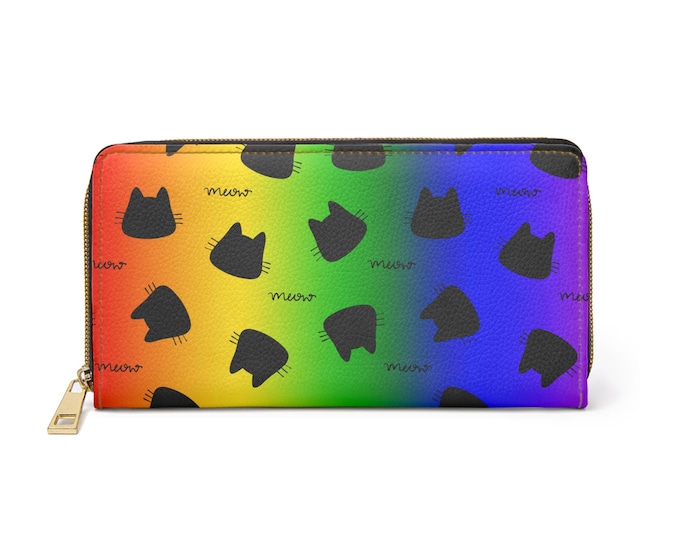 Rainbow Cat Silhouettes Zipper Wallet | Rainbow Gradient Cat Faces Pattern