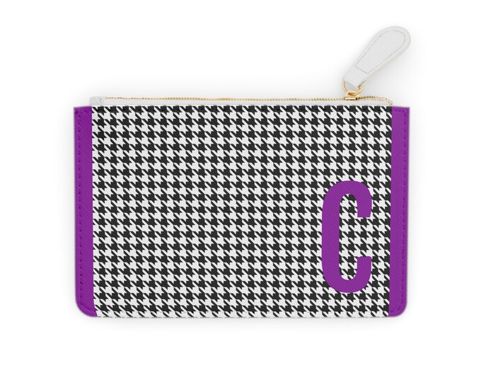 Houndstooth Purple Detail Initialized, C Initial, Personalized Mini Clutch Bag, Womens Zippered Card Holder