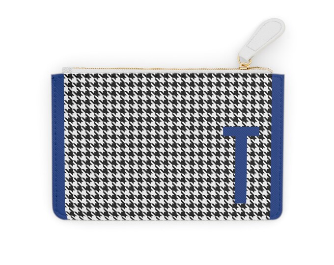 Houndstooth Blue Detail Initialized, T Initial, Personalized Mini Clutch Bag, Womens Zippered Card Holder