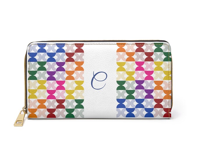 Personalized Womens Wallet, Rainbow Mid Century Modern, White with Initial C, Zippered Wallet