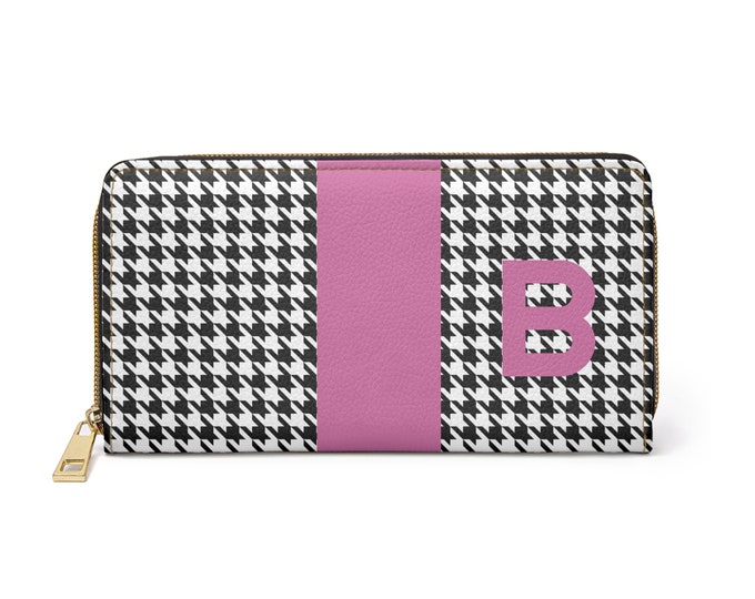 Houndstooth Black and White with Pink B Initialized Detail Womens Zippered Wallet, Personalized Wallet, Initialized, Womens Wallet