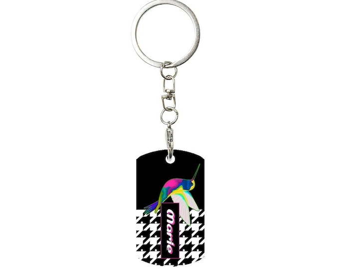 Personalized Dog Tag Style Keychain, Hummingbird and Houndstooth Pattern, Rectangular Metal Keychain
