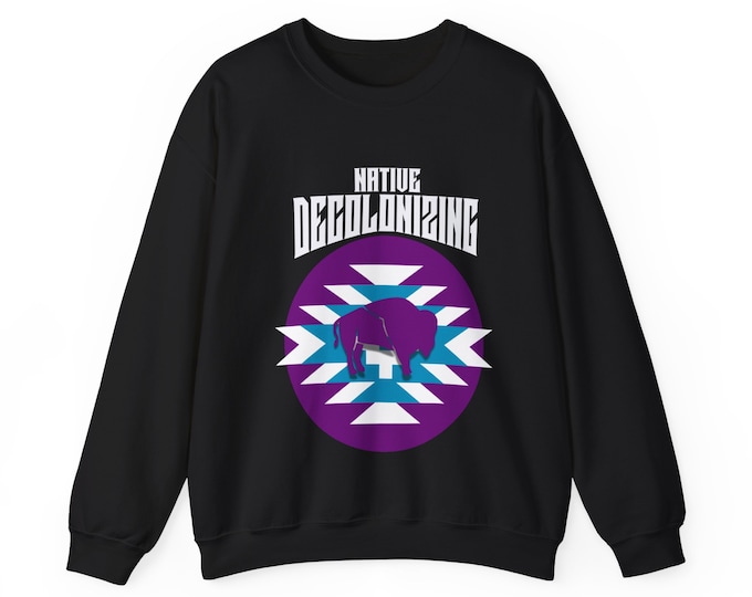 Native White Bison, Decolonizing, Unisex Heavy Blend Crewneck Sweatshirt