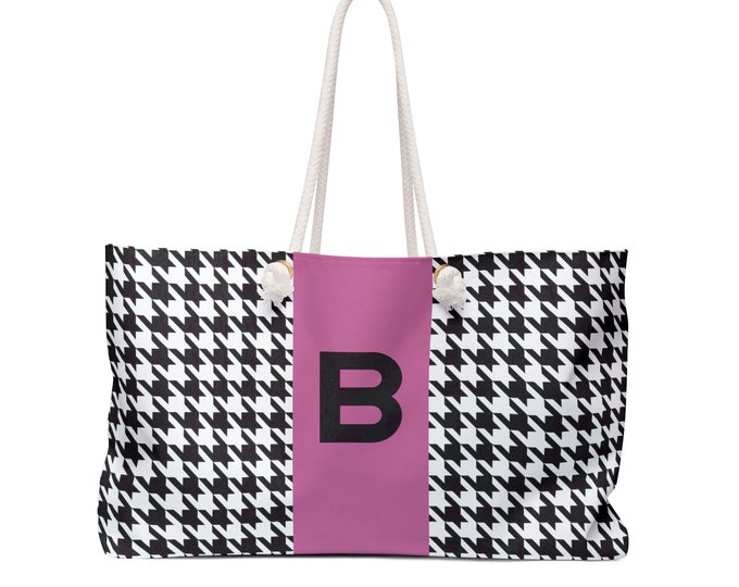 Houndstooth Black, White and Pink, with Black B Initialized Detail Womens Weekender Tote Bag, Personalized Bag, Initialized Handbag
